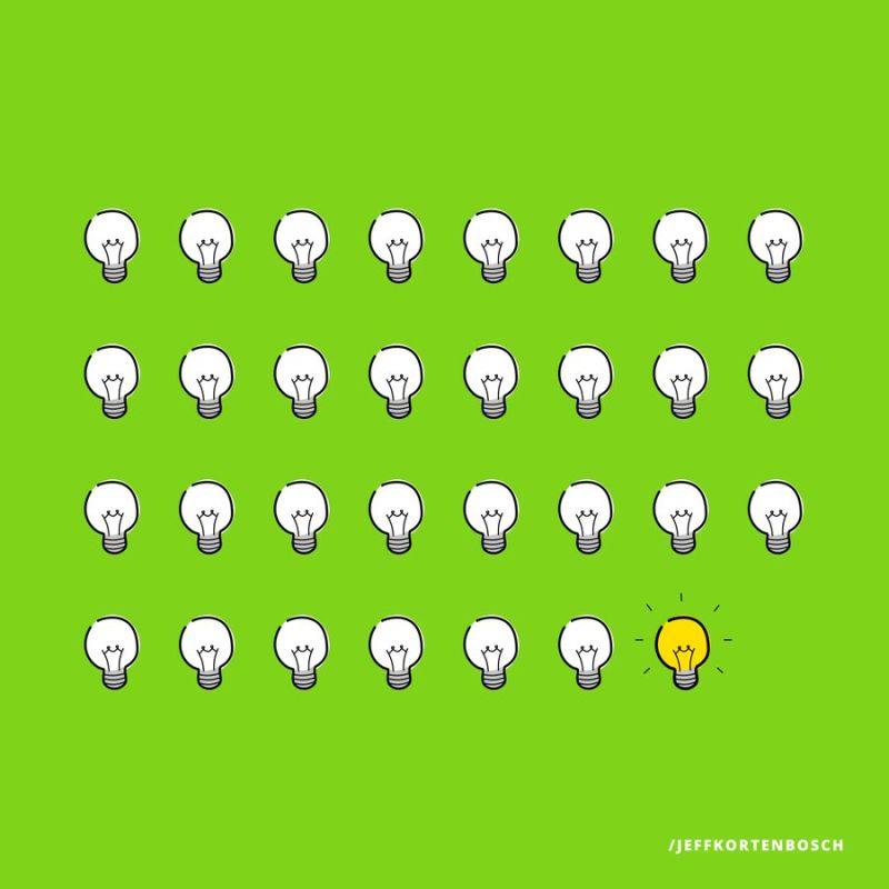 The best way to have a good idea is to have lots of ideas. Image of a bunch of lightbulbs with the last one lit. 