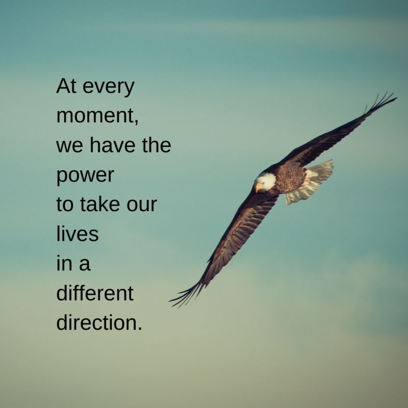 An eagle flying in the sky with the quote: 

At every moment, we have the power to take our lives in a different direction. 