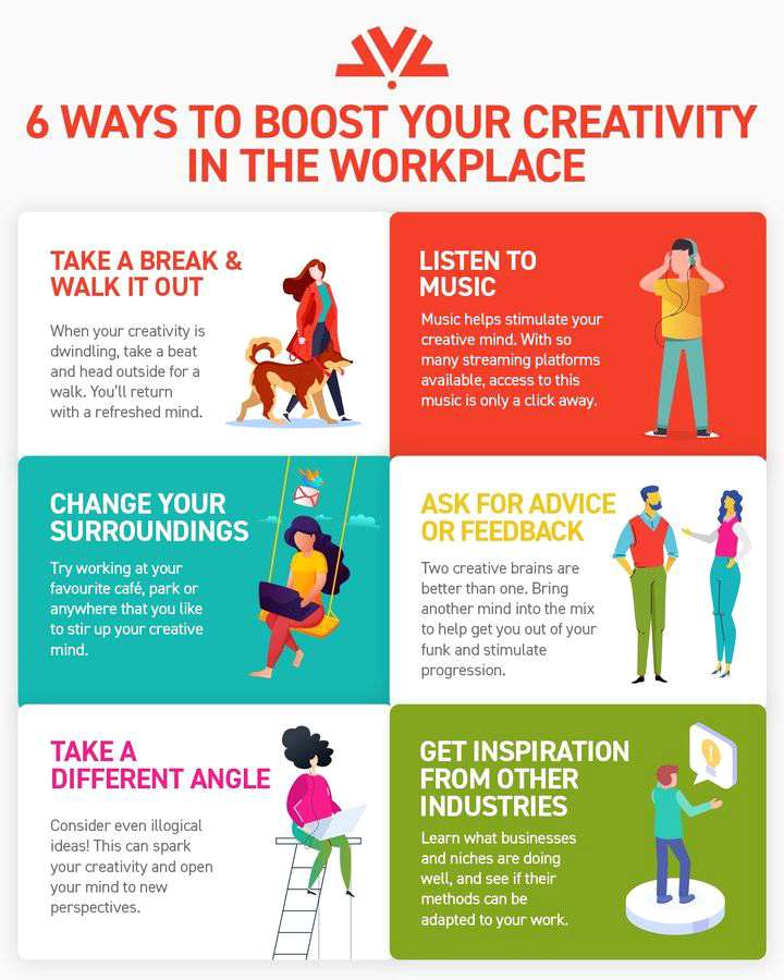 Six ways to boost your creativity in the workplace. Changing your perspective can have a huge impact on your thinking. 
Take a break and walk it out
Listen to music
Change your surroundings
Ask for advice of feedback
Take a different angle
Get inspiration from other industries
