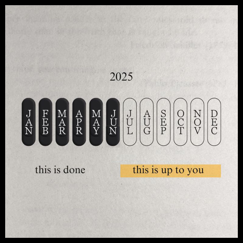 2025 calendar split into dark-shaded months labeled “this is done” and light-shaded months labeled “this is up to you.”
