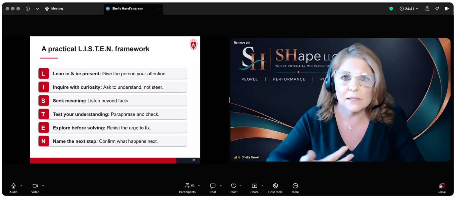 Shelly Vils Havel on a zoom call showing the LISTEN framework.